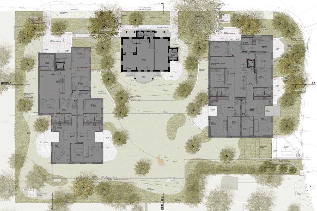 Landschaftsgarten verbindet Villa mit zwei modernen Neubauten