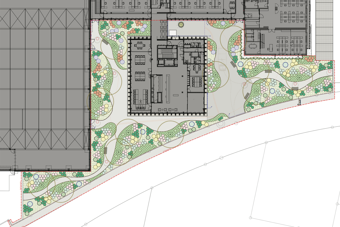 Üppiges Gartenbild im Maschinenbau-Areal